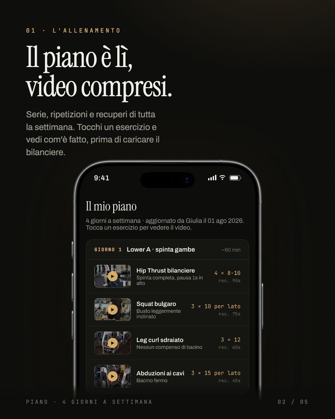 Schermata della GFC App con il piano di allenamento e video esercizi